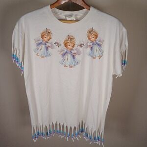 Vintage 90s Angel Cherub Beaded Fringe Upcycle T Shirt Jerzees Womens Medium